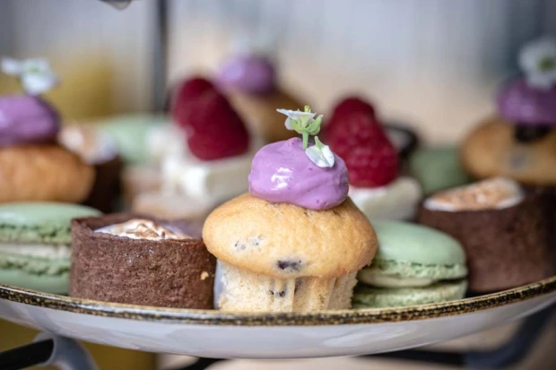 High tea met zoete en hartige hapjes in roze en blauwe tinten voor een babyshower